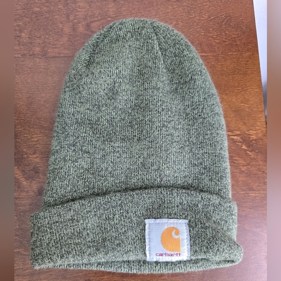 Carhartt Beanie Hat Cap Gray Yellow Acrylic Watch Fleece Graphic Logo Workwear - Picture 2 of 8